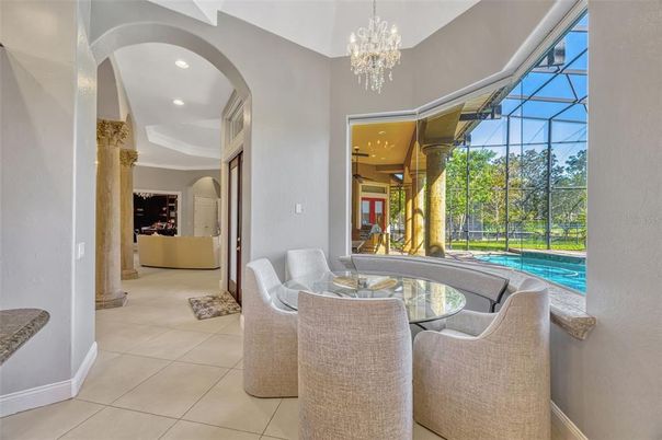 Chandelier, Dining room, Glass Ceilings, Interior, Pool, Recessed Lighting