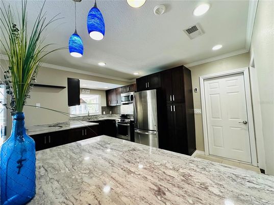 Interior, Kitchen, Pendant Lights, Recessed Lighting, Stainless Steel Appliances