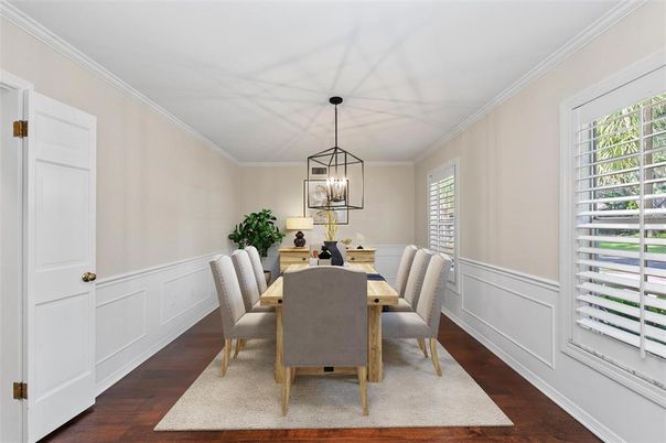 Chandelier, Dining room, Interior, Pendant Lights, Wood Texture Flooring
