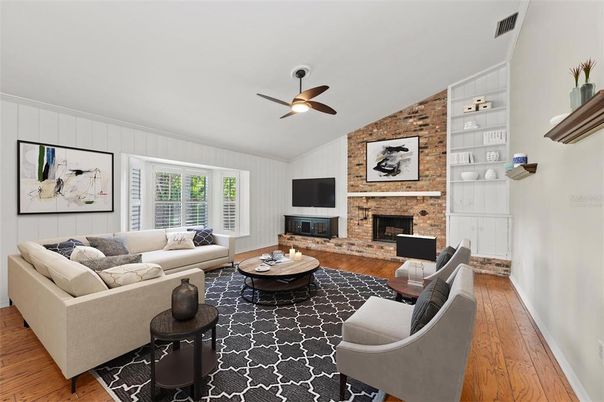 Fireplace, Interior, Living room, Stone Walls, Wood Texture Flooring
