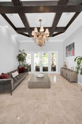 Chandelier, Interior, Living room, Recessed Lighting, Wooden Beams