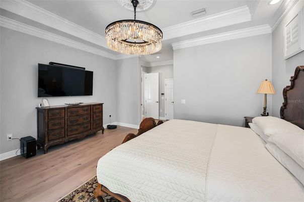 Bedroom, Chandelier, Interior, Recessed Lighting, Wood Texture Flooring