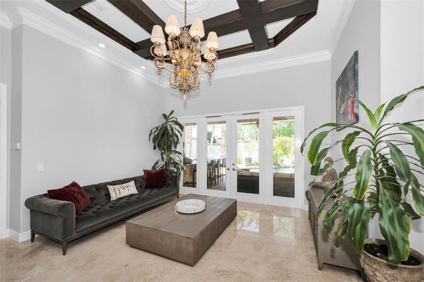 Chandelier, Interior, Living room, Recessed Lighting, Wooden Beams