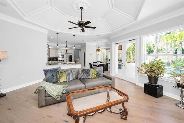 Dining room, Interior, Kitchen, Living room, Pendant Lights, Recessed Lighting, Stainless Steel Appliances, Wood Texture Flooring
