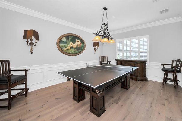Chandelier, Game Room, Interior, Pendant Lights, Wood Texture Flooring