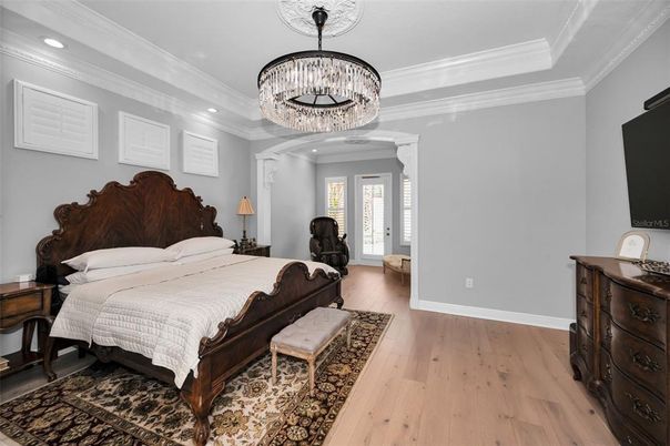 Bedroom, Chandelier, Interior, Recessed Lighting, Wood Texture Flooring