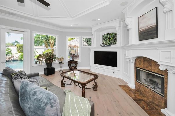 Fireplace, Interior, Living room, Recessed Lighting, Wood Texture Flooring