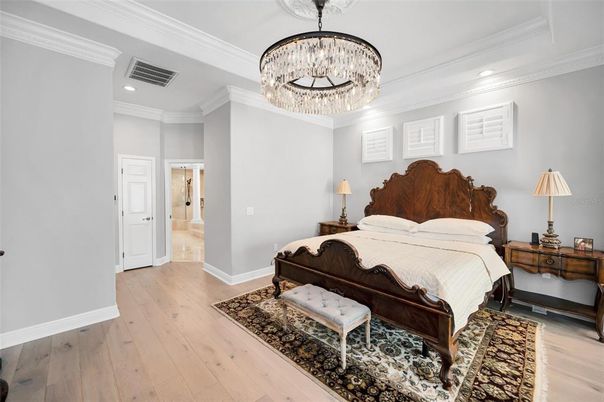 Bedroom, Chandelier, Interior, Recessed Lighting, Wood Texture Flooring
