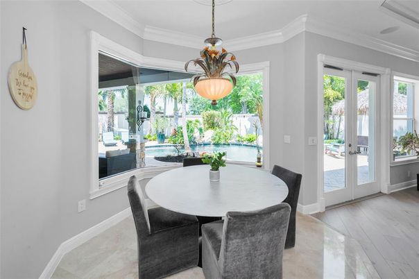 Dining room, Interior, Pendant Lights, Wood Texture Flooring