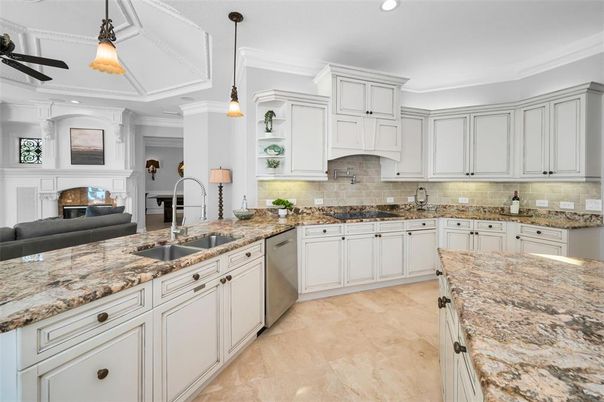 Fireplace, Interior, Kitchen, Pendant Lights, Recessed Lighting, Stainless Steel Appliances