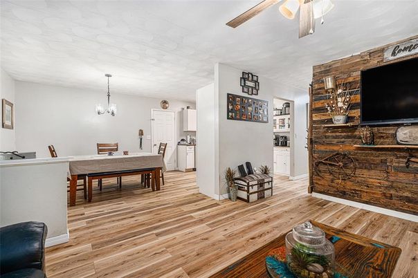 Dining room, Interior, Pendant Lights, Wood Texture Flooring