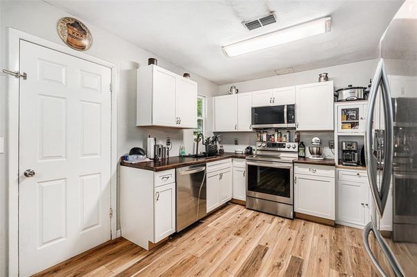 Interior, Kitchen, Stainless Steel Appliances, Wood Texture Flooring