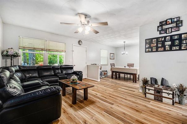 Dining room, Interior, Living room, Pendant Lights, Wood Texture Flooring