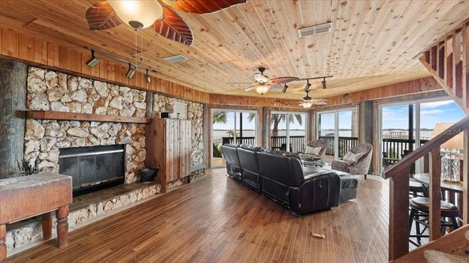 Fireplace, Interior, Living room, Stone Walls, Water, Wooden Ceilings, Wood Texture Flooring