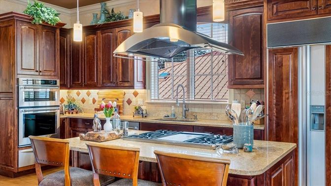 Interior, Kitchen, Pendant Lights, Stainless Steel Appliances, Wood Texture Flooring