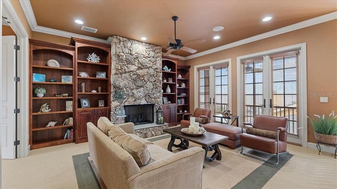 Fireplace, Interior, Living room, Recessed Lighting, Stone Walls