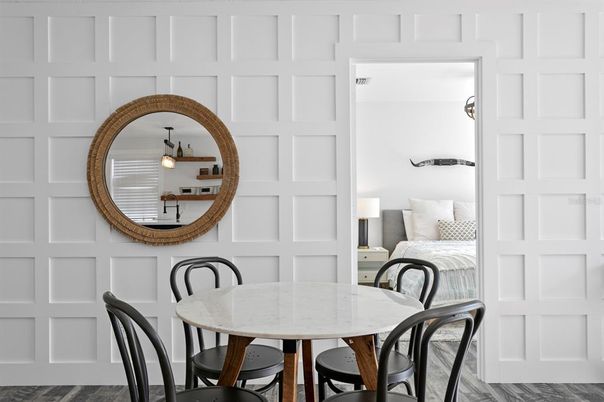 Bedroom, Dining room, Interior, Pendant Lights, Wood Texture Flooring