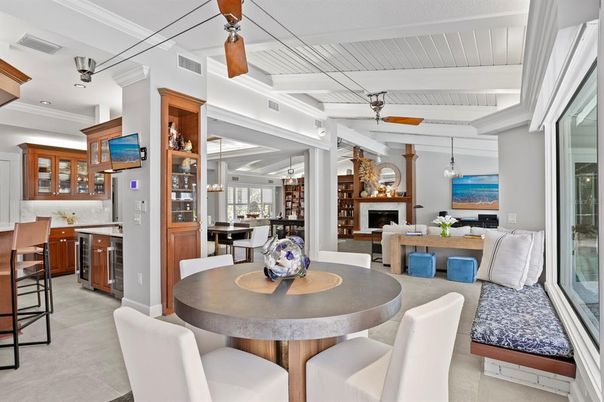 Dining room, Fireplace, Interior, Kitchen, Living room, Pendant Lights, Recessed Lighting
