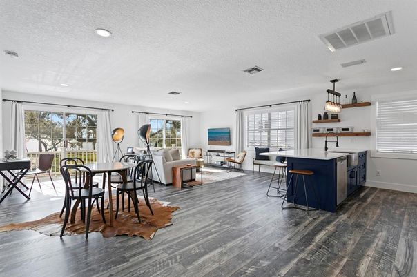 Dining room, Interior, Kitchen, Living room, Pendant Lights, Recessed Lighting, Wood Texture Flooring