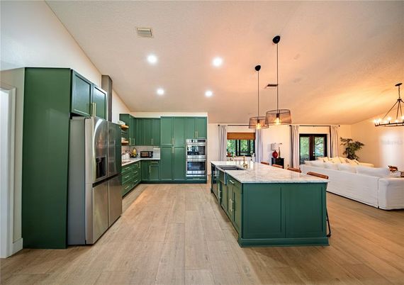 Interior, Kitchen, Living room, Pendant Lights, Recessed Lighting, Stainless Steel Appliances, Wood Texture Flooring