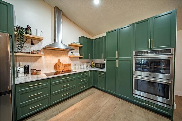 Interior, Kitchen, Recessed Lighting, Stainless Steel Appliances, Wood Texture Flooring