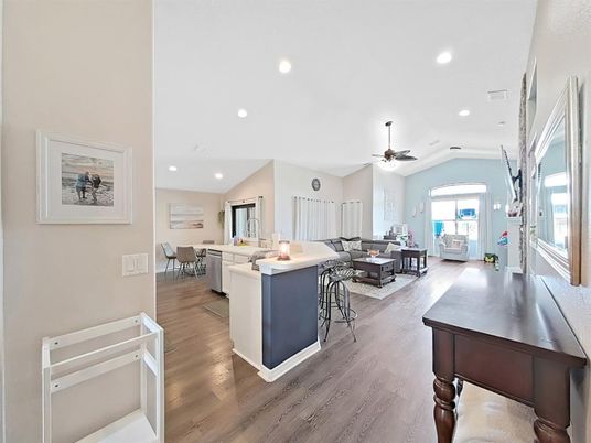Dining room, Interior, Kitchen, Living room, Recessed Lighting, Wood Texture Flooring