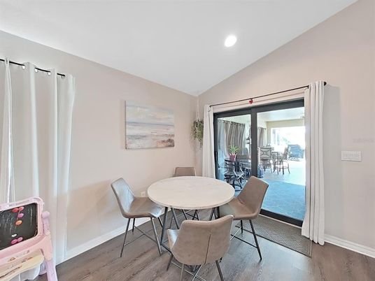 Dining room, Interior, Recessed Lighting, Wood Texture Flooring
