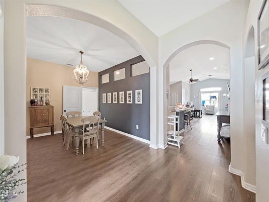 Chandelier, Dining room, Interior, Recessed Lighting, Wood Texture Flooring