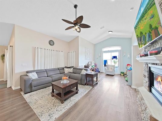 Fireplace, Interior, Living room, Recessed Lighting, Wood Texture Flooring
