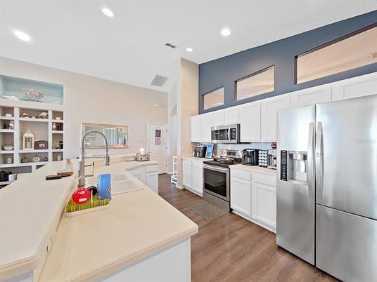 Interior, Kitchen, Recessed Lighting, Stainless Steel Appliances, Wood Texture Flooring