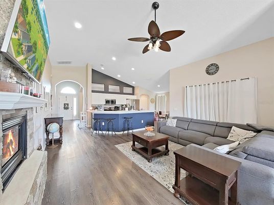 Fireplace, Interior, Kitchen, Living room, Recessed Lighting, Wood Texture Flooring