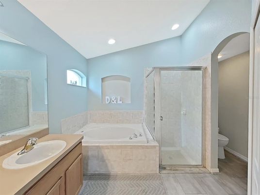 Bathroom, Glass Shower, Interior, Recessed Lighting, Wood Texture Flooring