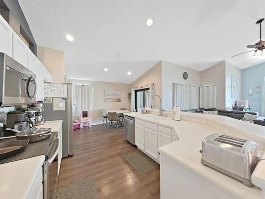 Dining room, Interior, Kitchen, Living room, Recessed Lighting, Wood Texture Flooring