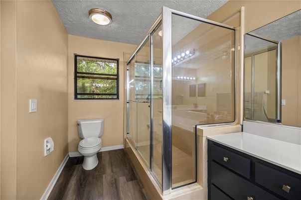 Bathroom, Glass Shower, Interior, Wood Texture Flooring