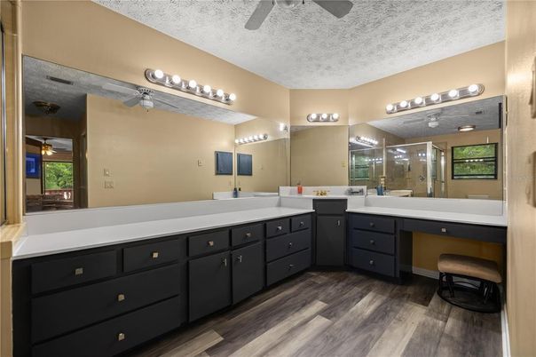 Bathroom, Dual Sink Vanities, Glass Shower, Interior, Wood Texture Flooring