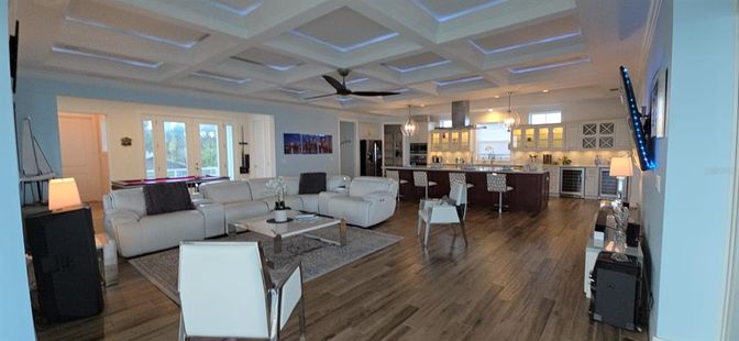 Interior, Kitchen, Living room, Pendant Lights, Recessed Lighting, Wood Texture Flooring