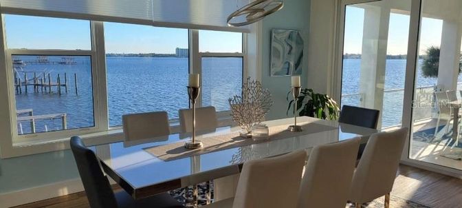 Dining room, Interior, Pendant Lights, Water, Wood Texture Flooring