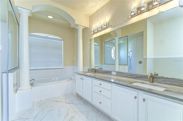 Bathroom, Dual Sink Vanities, Interior, Marble, Recessed Lighting