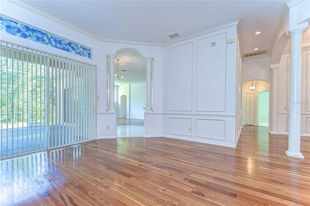 Empty room, Interior, Pendant Lights, Recessed Lighting, Wood Texture Flooring