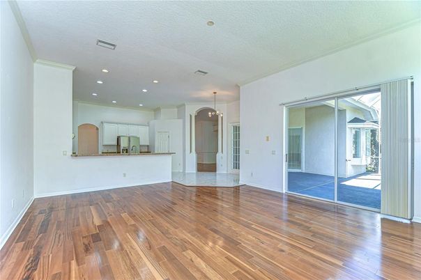 Empty room, Interior, Pendant Lights, Recessed Lighting, Wood Texture Flooring