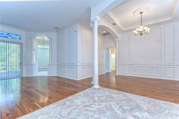Chandelier, Empty room, Interior, Pendant Lights, Recessed Lighting, Wood Texture Flooring
