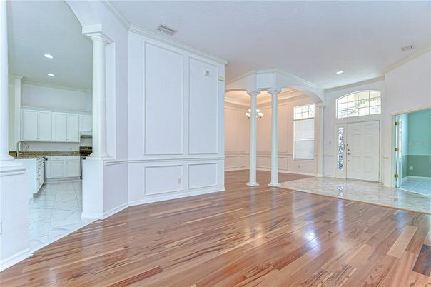 Empty room, Interior, Kitchen, Marble, Recessed Lighting, Wood Texture Flooring