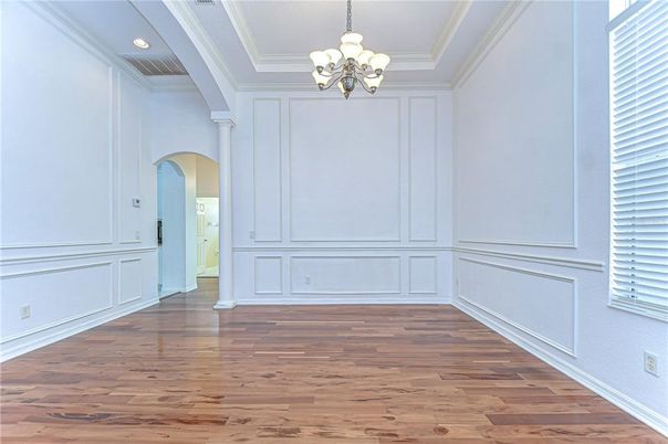 Chandelier, Empty room, Interior, Recessed Lighting, Wood Texture Flooring