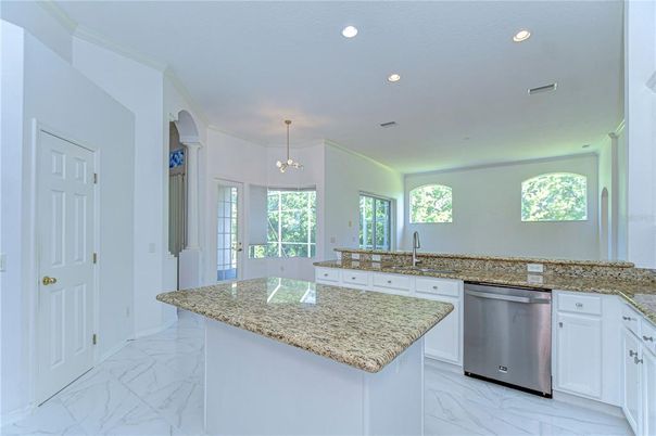 Interior, Kitchen, Marble, Pendant Lights, Recessed Lighting, Stainless Steel Appliances