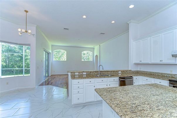 Interior, Kitchen, Marble, Pendant Lights, Recessed Lighting, Wood Texture Flooring