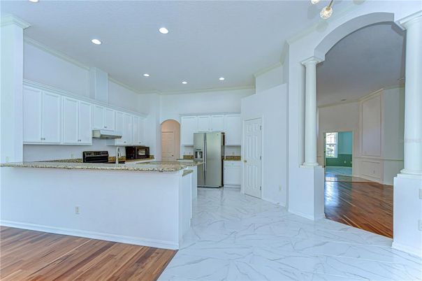 Interior, Kitchen, Marble, Recessed Lighting, Wood Texture Flooring