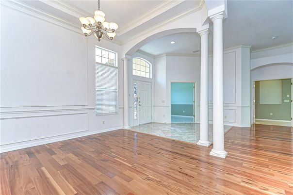 Chandelier, Empty room, Interior, Recessed Lighting, Wood Texture Flooring
