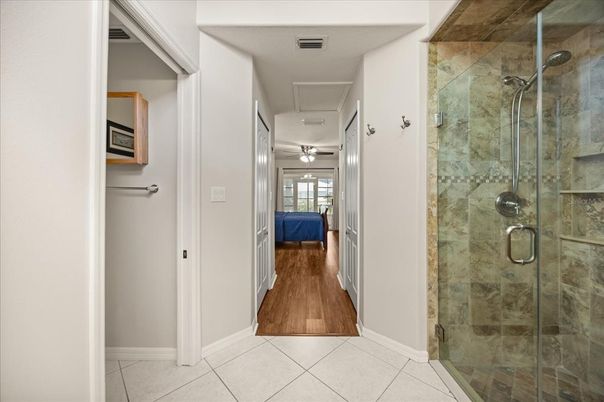Bathroom, Glass Shower, Interior, Wood Texture Flooring