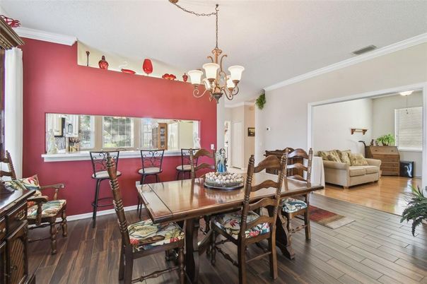 Chandelier, Dining room, Interior, Wood Texture Flooring
