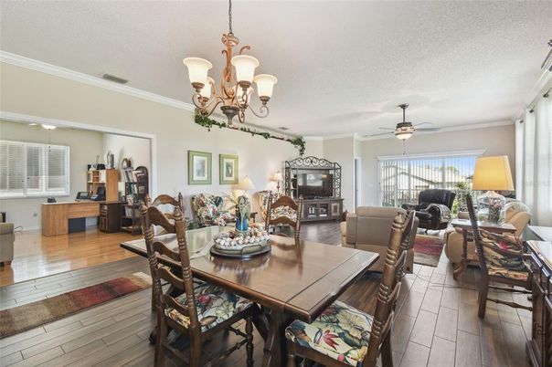 Chandelier, Dining room, Interior, Wood Texture Flooring